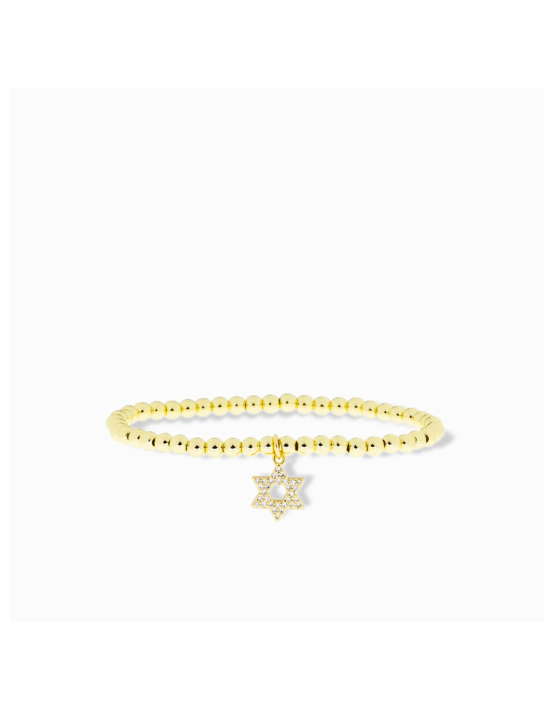 Gold 4mm Brass Ball Bracelet w/ CZ Brass Star of David Charm
