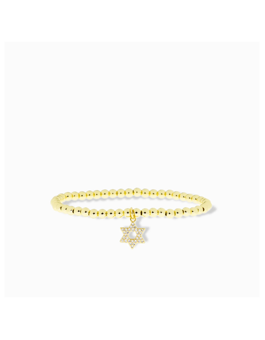 Gold 4mm Brass Ball Bracelet w/ CZ Brass Star of David Charm