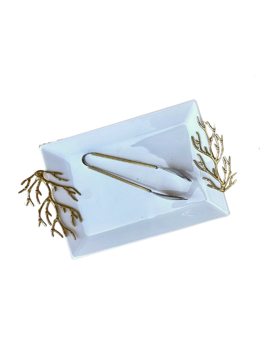 White Porcelain Tray With Gold Branch Handles