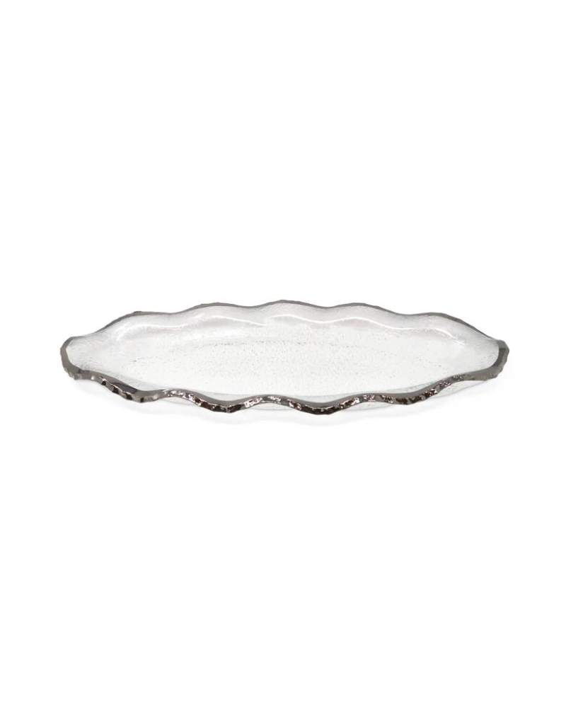 Glass Oval Plate With Silver Scalloped Rim