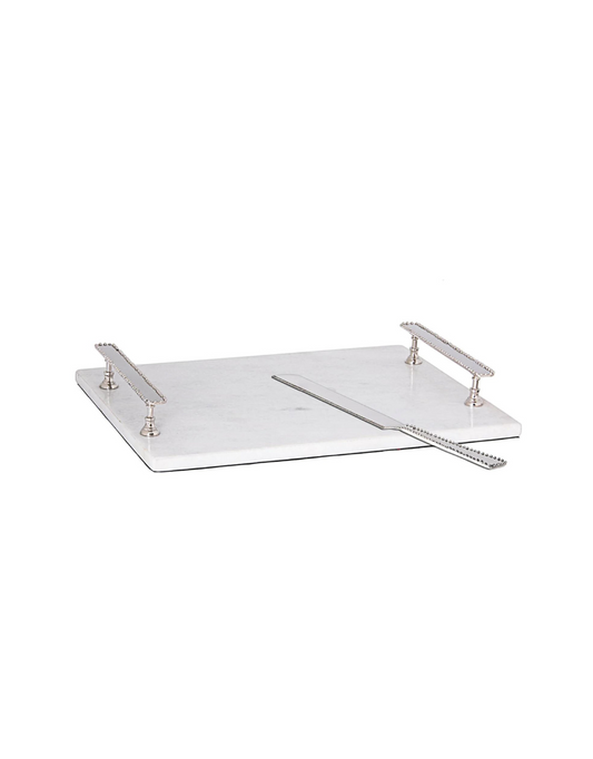White Marble Challah Tray With Knife