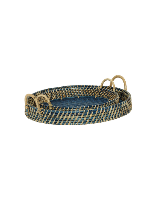 Navy Blue Rattan Trays with Handles