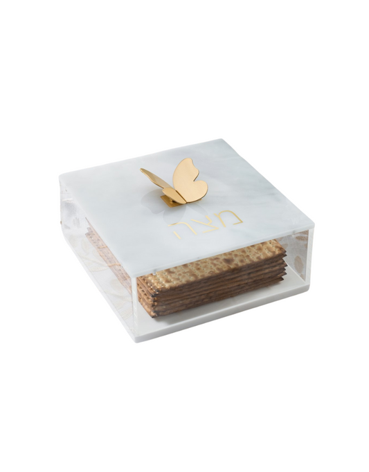 Square White Acrylic Matzah Box with Brass Butterfly Knob