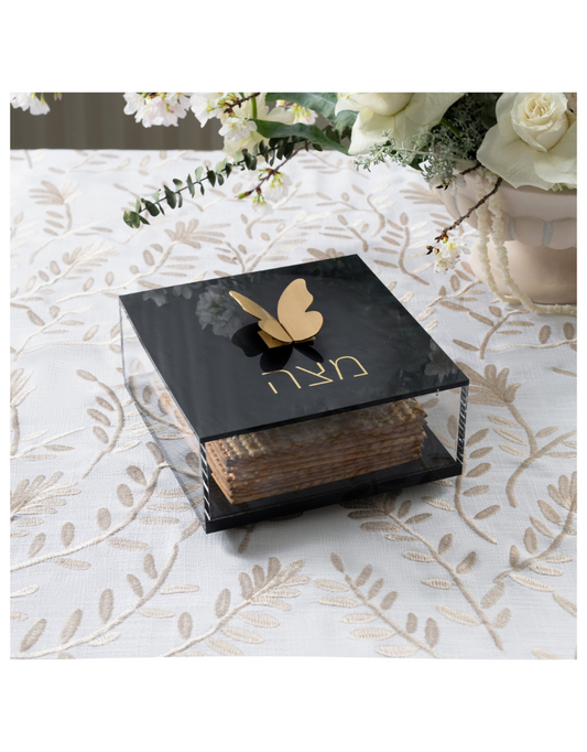 Square Black Acrylic Matzah Box with Brass Butterfly Knob