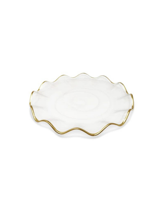 White Alabaster Charger with Gold Ruffle Border