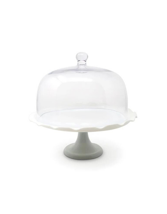White Scalloped Cake Stand With Glass Dome