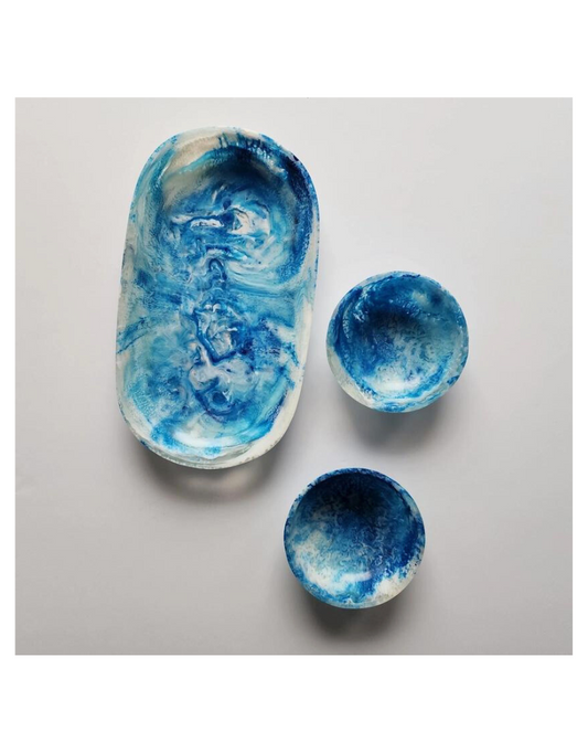 Small Resin Serving Tray with 2 Bowls - Dark Blue