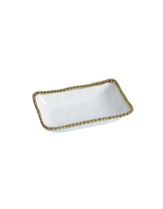 White & Gold Beaded Rectangular Serving Dish