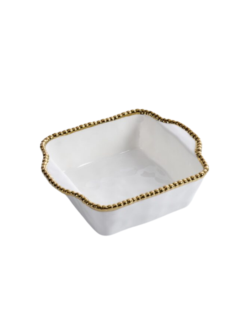 White & Gold Beaded Square Baking Dish