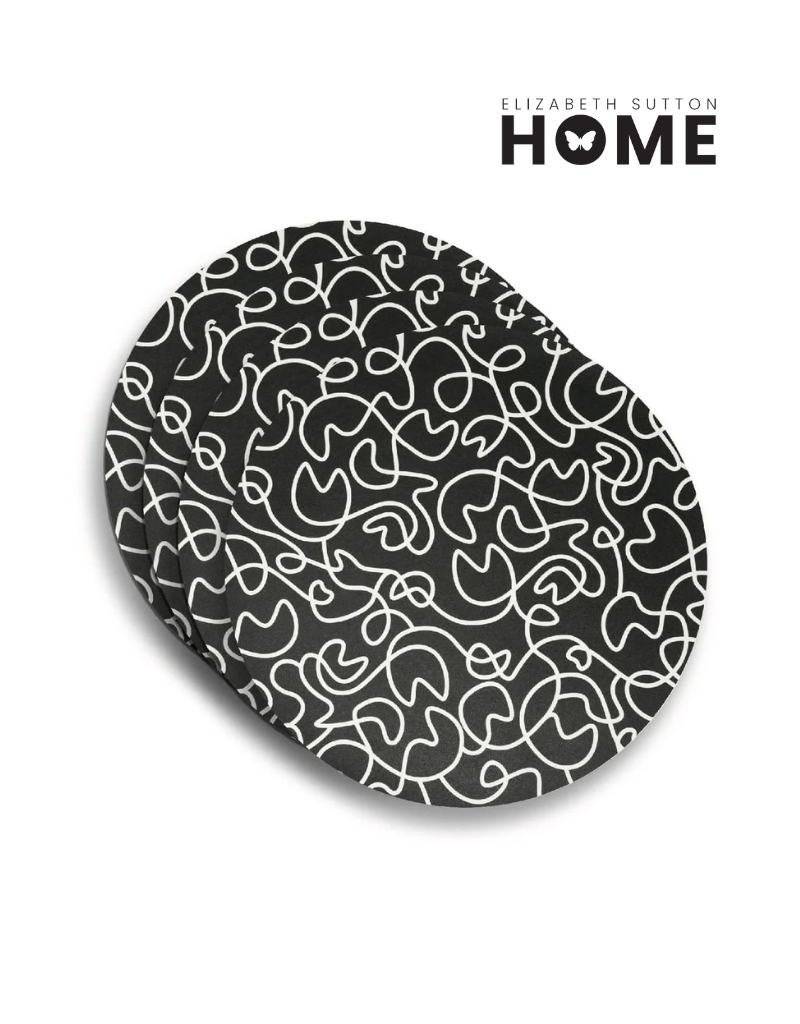 Elizabeth Sutton Collection: Black & White Squiggly Vinyl Placemat Set