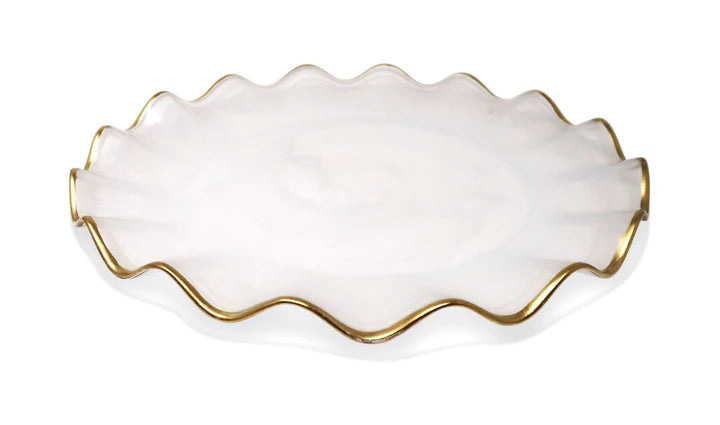 White Alabaster Charger with Gold Ruffle Border