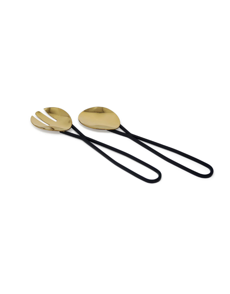 Gold Salad Servers With Black Loop Handles