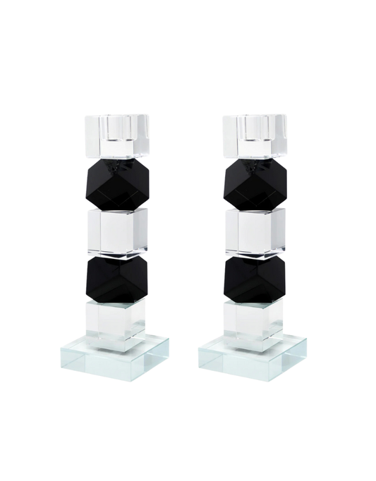 Black and Clear Crystal Candlesticks with Diagonal Block Design