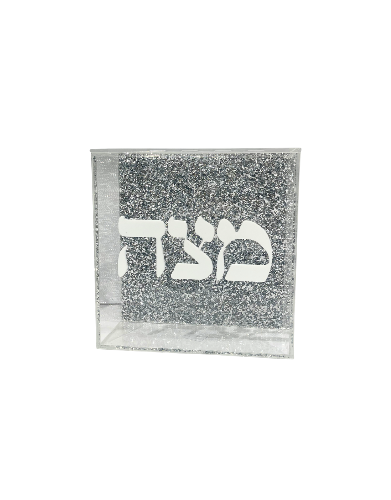 Acrylic Matzah Box with Hinged Top / Hebrew Letters Big Flake Silver Glitter