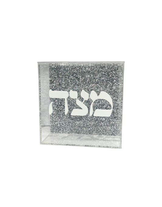 Acrylic Matzah Box with Hinged Top / Hebrew Letters Big Flake Silver Glitter