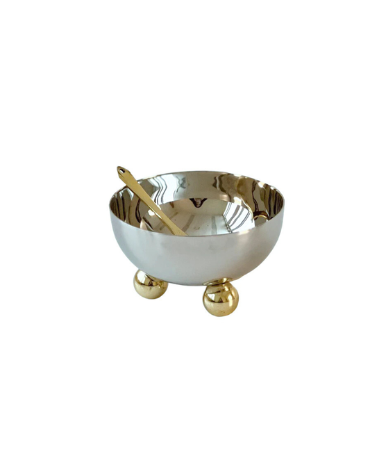 Gold Accented Stainless Steel Salt Bowl With Spoon
