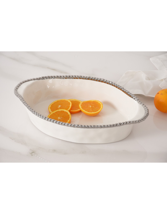 White & Silver Oval Baking Dish