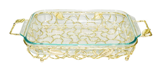 Rectangular Gold Handled Pyrex Holder with Leaf Design