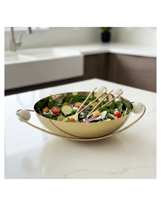 Quartz Accented Stainless Steel Serving Bowl With Gold Handles