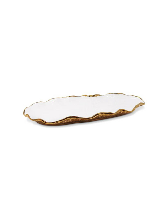 White Oval Tray New Bone China With Gold Scalloped Edge