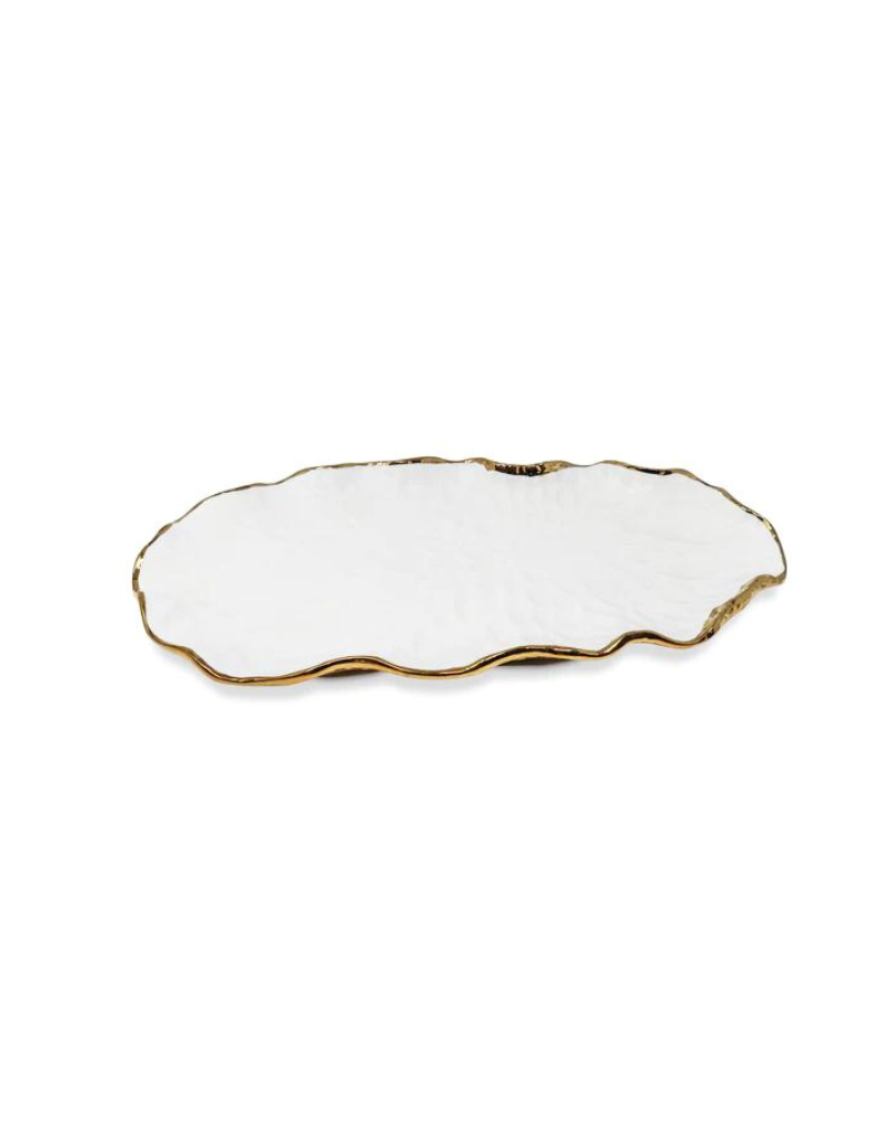 White Oval Tray New Bone China With Gold Scalloped Edge