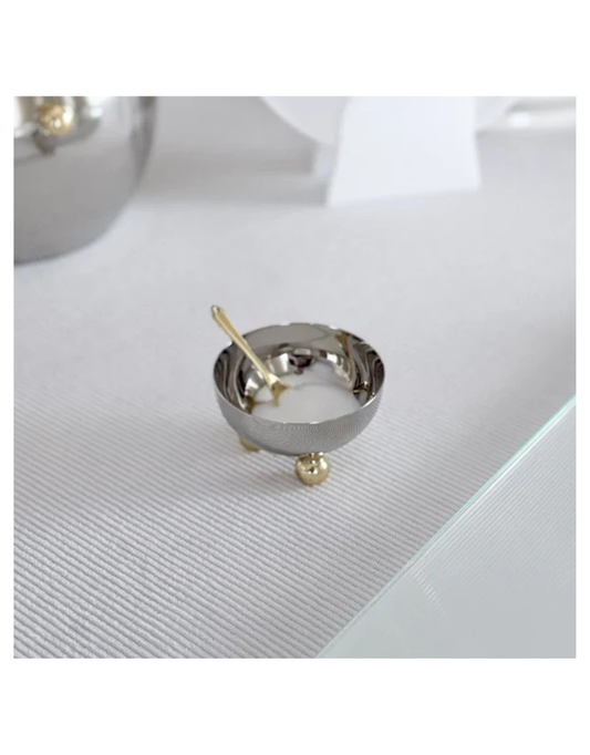 Gold Accented Stainless Steel Salt Bowl With Spoon