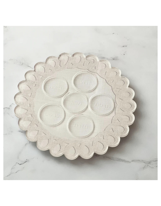 Linen Style Seder Plate with Scalloped Edge