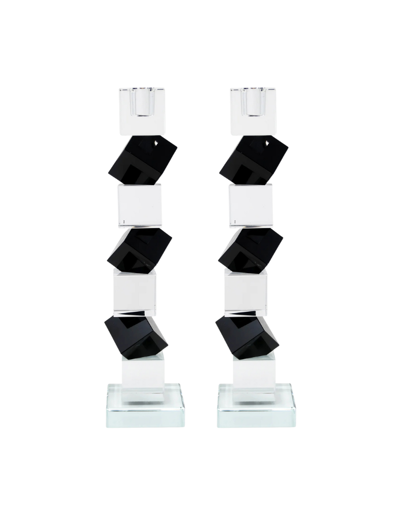 Black and Clear Crystal Candlesticks with Diagonal Block Design
