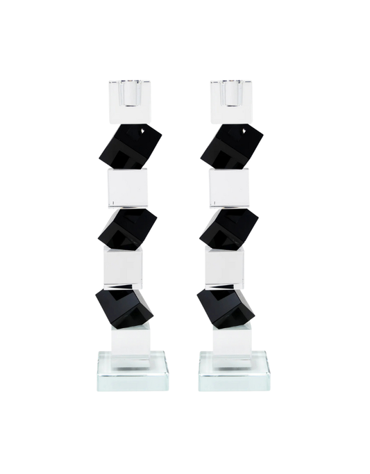 Black and Clear Crystal Candlesticks with Diagonal Block Design