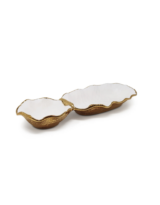 White Hammered 2 Bowl Relish Dish with Gold Scalloped Edge