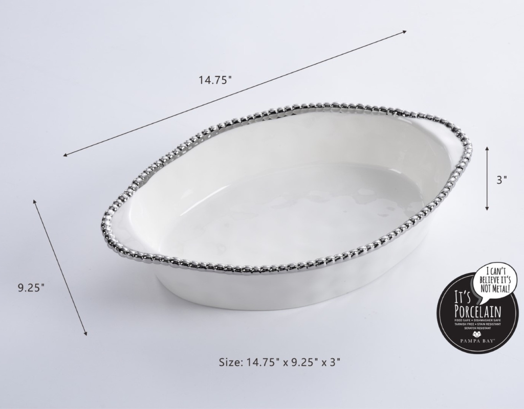 White & Silver Oval Baking Dish