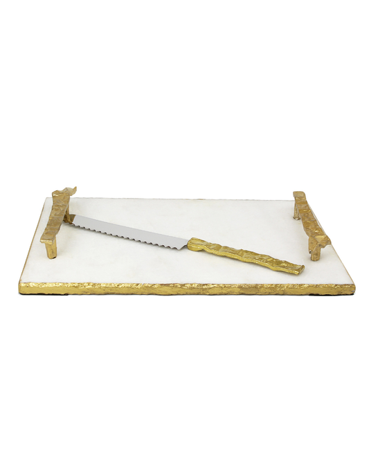 White Marble & Gold Embossed Challah Tray With Knife