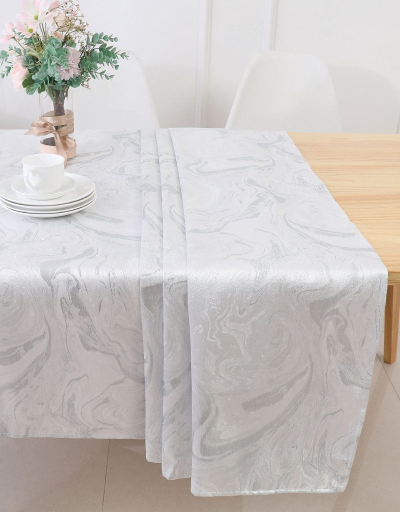 Jacquard White & Silver Wave Tablecloth #1328